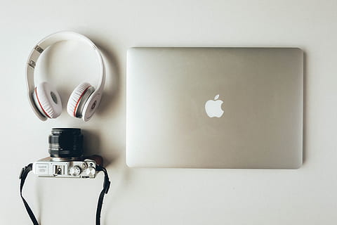 silver macbook, beside, headphones, camera, apple, device, electronics, fujifilm, gadgets, laptop, technology, indoors, no people, close-up, studio shot, connection, electricity, fuel and power generation, copy space, white background, still life, white color, simplicity, communication, domestic room, two objects, internet, hygiene, shiny, power supply, 4K, CC0, public domain, royalty free