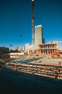 Construcción de edificio, pueblo, urbano, edificio, ciudad, edificio de oficinas, céntrico, metrópoli, arquitectura, Alto, barrio, grúa de construcción, centro de Convenciones, agua, frente al mar, pájaro, animal, alojamiento, al aire libre, muelle, estructura construida, exterior del edificio, cielo, azul, naturaleza, día, cielo limpio, luz del sol, sitio de construcción, industria, industria de construccion, nadie, edificio de oficinas exterior, grúa - maquinaria de construcción, transporte, soleado, moderno, rascacielos, equipos de construcción, 2K, CC0, dominio público, libre de derechos