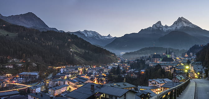 birdseye photography, city buildings, trees, mountains, background, clouds, dark, environment, evening, forest, houses, landscape, lights, mountain peak, mountain range, national park, nature, night, scenery, scenic, sky, snow, solid, street light, sunset, town, winter, architecture, building exterior, mountain, built structure, city, building, scenics - nature, travel destinations, cityscape, residential district, illuminated, beauty in nature, no people, high angle view, outdoors, 8K, CC0, public domain, royalty free