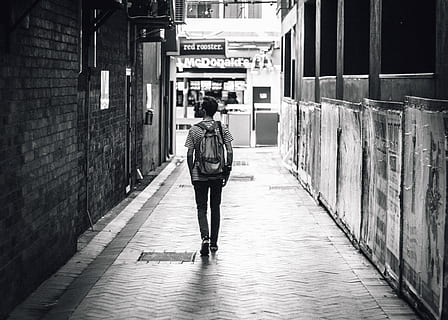 guy, man, walking, backpack, lifestyle, pedestrian, sidewalk, alley, city, urban, black and white, architecture, rear view, real people, full length, building exterior, built structure, one person, the way forward, lifestyles, direction, footpath, building, street, men, casual clothing, day, city life, outdoors, 4K, CC0, public domain, royalty free