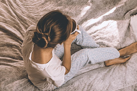 attractive, young, girl, pajamas, holding, cup, tea, sitting, white, bedding, one person, furniture, bed, high angle view, relaxation, leisure activity, women, indoors, real people, young women, hairstyle, young adult, lifestyles, rear view, adult, bedroom, hair, day, directly above, 4K, CC0, public domain, royalty free