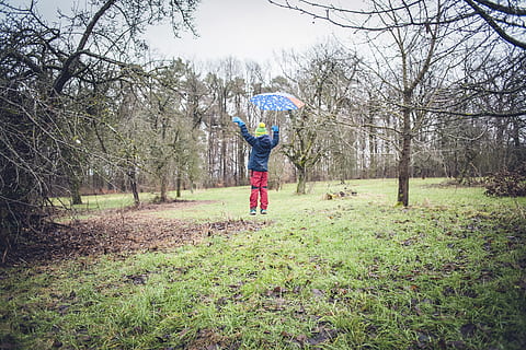 levitation, flyde, human, ud, magi, regenschrim, barn, efterår, mystik, mystisk, natur, Skov, eng, træ, plante, rigtige mennesker, en person, jord, Mark, fuld længde, dag, livsstil, græs, fritidsaktivitet, barndom, afslappet tøj, udendørs, tøj, hunner, varme tøj, arme hævet, menneskelige arm, 5K, CC0, offentligt domæne, royaltyfrie