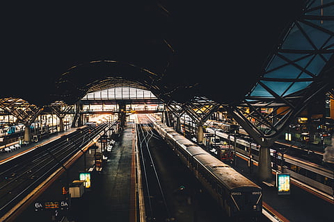 train subway interior, train station, vehicle, terminal, transportation, train, subway, australia, southern cross station, melbourne, rail, train track, railway, lighting, architecture, urban, way, road, banister, handrail, walkway, rail transportation, built structure, railroad track, track, mode of transportation, public transportation, railroad station, connection, no people, indoors, railroad station platform, night, illuminated, travel, city, train - vehicle, bridge, station, complexity, ceiling, 5K, CC0, public domain, royalty free