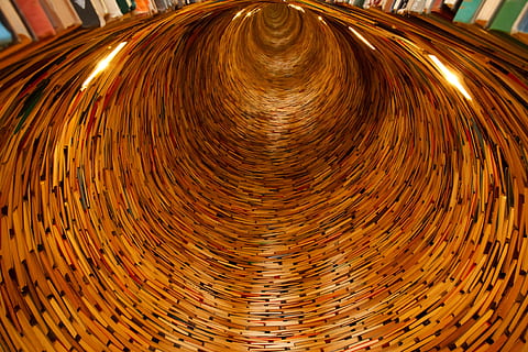 circle, book, paper, object, library, knowledge, pattern, wicker, no people, basket, container, gold colored, close-up, indoors, illuminated, shiny, low angle view, brown, art and craft, geometric shape, shape, full frame, night, spinning, creativity, 4K, CC0, public domain, royalty free