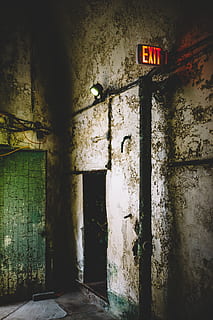 architecture, building, infrastructure, structure, establishment, old, abandoned, dirty, door, wood, exit, sign, indoors, built structure, no people, wall - building feature, text, communication, damaged, entrance, lighting equipment, decline, illuminated, deterioration, wall, exit sign, ruined, 2K, CC0, public domain, royalty free