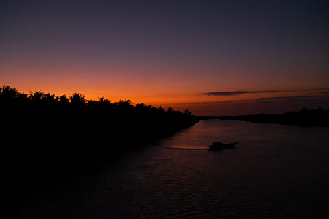 sunset, wave, night, the boat, clouds, water, ship, melons, peaceful, quiet, sad, sky, scenics - nature, tranquil scene, tranquility, beauty in nature, silhouette, orange color, idyllic, nature, no people, waterfront, tree, nautical vessel, non-urban scene, plant, sea, outdoors, romantic sky, 4K, CC0, public domain, royalty free