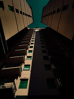 niedrig, Winkel Foto, Gebäude, die Architektur, Froschperspektive, Perspektive, Flachwinkelansicht, gebaute Struktur, keine Leute, Gebäudehülle, Himmel, Natur, draußen, Stadt, Sonnenlicht, Tag, in einer Reihe, große Höhe, klarer Himmel, modern, Muster, Fenster, Kunst, Kultur und Unterhaltung, direkt darunter, 4K, CC0, gemeinfrei, lizenzfrei