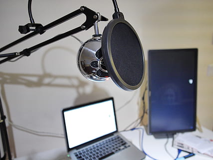 laptop, pc, computer, electronics, keyboard, hardware, computer keyboard, computer hardware, screen, display, monitor, lcd screen, furniture, studio, table, desk, electrical device, microphone, clinic, headphones, technology, communication, wireless technology, connection, music, indoors, input device, computer equipment, recording studio, listening, arts culture and entertainment, focus on foreground, equipment, no people, home video camera, filming, electric lamp, 4K, CC0, public domain, royalty free