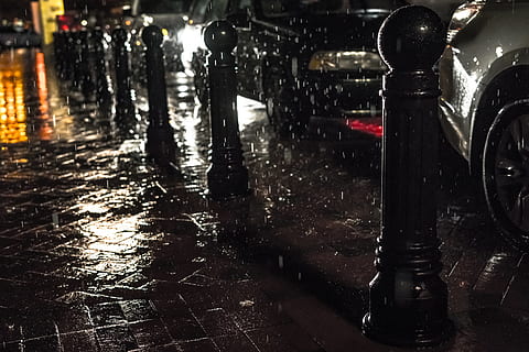 still, items, things, sidewalk, pavement, posts, traffic, cars, vehicles, rain, downpour, wet, water, reflection, city, metro, streets, urban, downtown, street, rainy season, transportation, land vehicle, monsoon, illuminated, drop, night, mode of transportation, architecture, nature, no people, motor vehicle, raindrop, outdoors, paving stone, 4K, CC0, public domain, royalty free