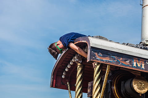 man, roof, daytime, daylight, environment, lightbulbs, sky, steel, day, one person, real people, men, cloud - sky, blue, low angle view, occupation, nature, land vehicle, outdoors, metal, clothing, lifestyles, sunlight, transportation, working, 5K, CC0, public domain, royalty free