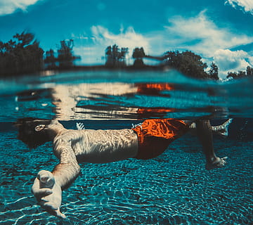 flutuando, Diversão, homem, oceano, pessoa, mar, natação, embaixo da agua, agua, piscina, animal, natureza, vertebrado, lago, temas animais, um animal, céu, mamífero, dia, ninguém, nuvem - céu, beira-mar, reflexão, relaxamento, ao ar livre, pets, árvore, 4K, CC0, domínio público, royalty free