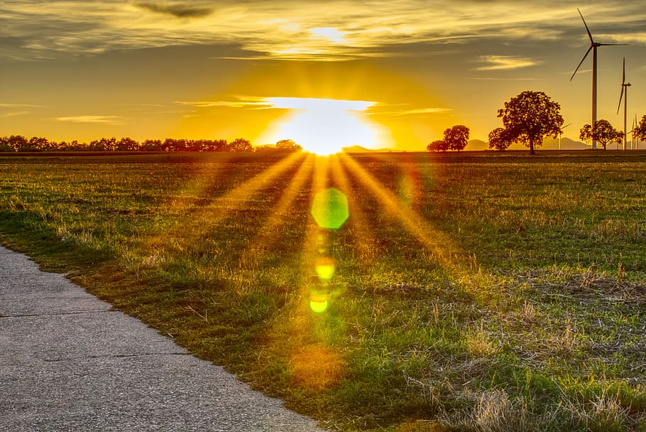 posta de sol, humor, vespre, cel, abendstimmung, tarda, núvols, resplendor, paisatge, naturalesa, herba, hdr, rang dinàmic alt, contrast, retroiluminació, estrella de la llum, estrella, lluny, carril, Carril bici, tar, molinet, energia eòlica, protecció del clima, planta, camp, medi ambient, núvol - cel, escenics - natura, terra, escena tranquil·la, llum solar, bellesa a la natura, tranquil·litat, sol, creixement, arbre, escena rural, flare de la lent, cap gent, a l'aire lliure, 5K