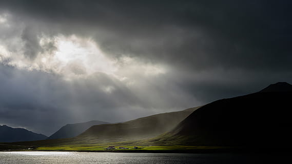 sunlight, passing, gray, cloudy, sky, grundarfjörður, iceland, outdoors, nature, norðurgarður, mountain, landscape, cloud, weather, dark, storm, light rays, lake, grass, field, water, light, cumulus, beauty in nature, cloud - sky, scenics - nature, tranquil scene, tranquility, non-urban scene, mountain range, idyllic, no people, overcast, storm cloud, waterfront, silhouette, power in nature, ominous, 5K, CC0, public domain, royalty free