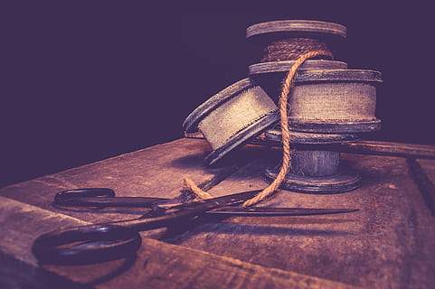 antique, thread, scissors, craft, seam, dressmaker, still life, rope, old, vintage, retro, box, wood, no people, indoors, wood - material, metal, close-up, leather, tied up, table, studio shot, brown, selective focus, copy space, architecture, damaged, personal accessory, 5K, CC0, public domain, royalty free