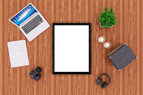 notebook, laptop, camera, headphone, boxes, plant, wood, poster, mockup, macbook, table, wood - material, communication, directly above, technology, wireless technology, indoors, food and drink, portable information device, no people, mobile phone, connection, smart phone, digital tablet, computer, paper, portability, book, publication, high angle view, 2K, CC0, public domain, royalty free