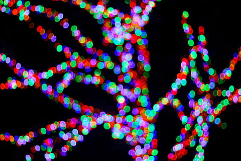 bokeh lights], multicolor, il·luminat, fons negre, decoració, equips d’il·luminació, cap gent, nit, celebració, llum - fenomen natural, defocated, brillant, tir de l'estudi, color vibrant, primer pla, moviment, creativitat, a l'interior, llums de Nadal, resum, llum, 5K, CC0, domini públic, lliure de regalies