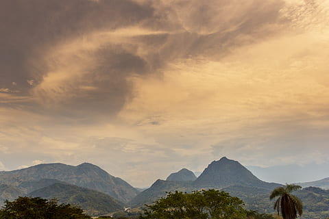 scenic, view, mountain, cloudy, sky, clouds, environment, fog, idyllic, landscape, mist, mountain range, mountains, nature, scenery, trees, cloud - sky, beauty in nature, scenics - nature, tranquility, tranquil scene, non-urban scene, no people, tree, plant, sunset, outdoors, mountain peak, 5K, CC0, public domain, royalty free