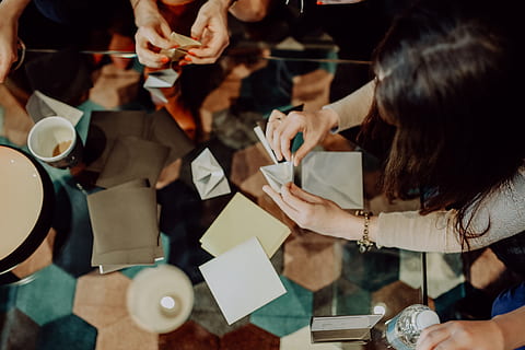 women, folding, sheet, paper, making, origami, creative, workshop, handmade, artwork, craft, japan, adult, group of people, indoors, business person, young adult, businesswoman, table, sitting, females, people, high angle view, young women, business, office, group, holding, coworker, 4K, CC0, public domain, royalty free
