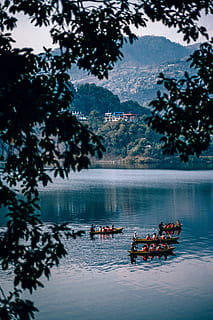 lake exploration, tree, water, plant, nature, group of people, lake, nautical vessel, real people, transportation, mountain, day, beauty in nature, mode of transportation, lifestyles, men, reflection, outdoors, people, 5K, CC0, public domain, royalty free