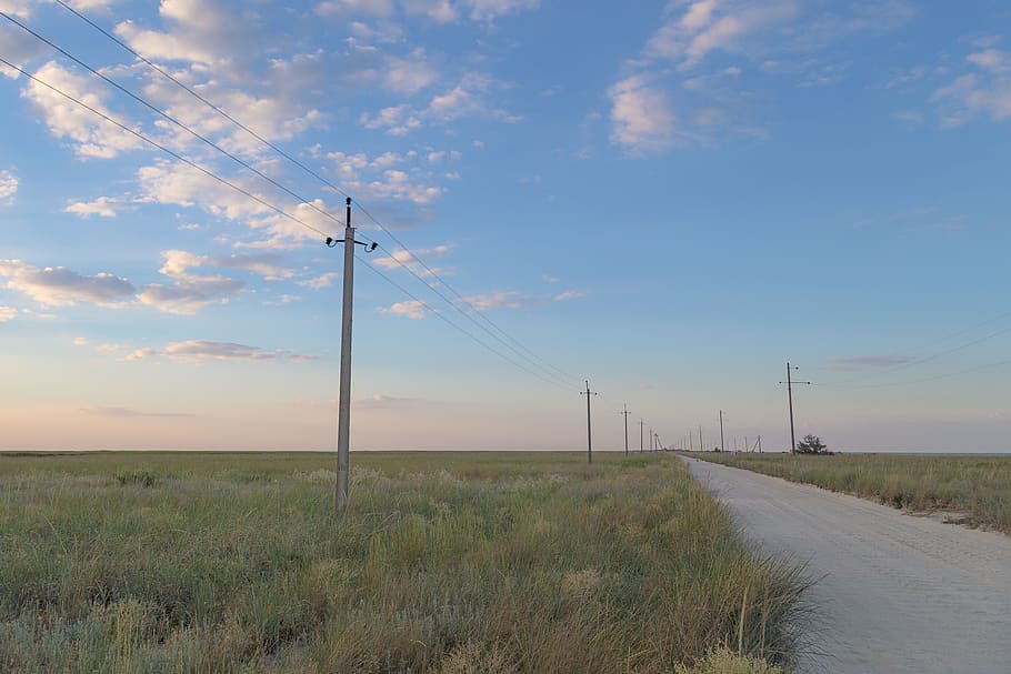 step, večer, nebe, mraky, letní, léto, cestovat, silnice, trasa, tráva, mrak - nebe, elektřina, technologie, pole, paliva a energie, elektřina pylon, přistát, elektrické vedení, krajina, Příroda, kabel, životní prostředí, zdroj napájení, krása v přírodě, scenics - příroda, západ slunce, spojení, rostlina, nikdo, venku, telefonní linka, 4K