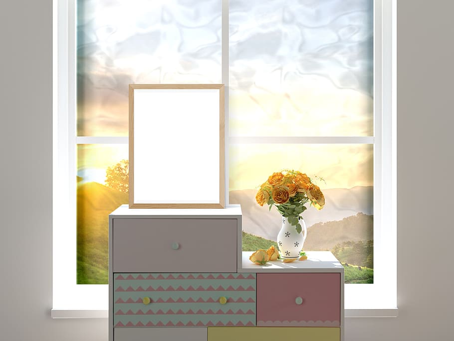 interno, telaio, manifesto, fiore, scrivania, finestra, in casa, trasparente, nessuno, interno di casa, vetro - materiale, natura, pianta, pianta fiorita, giorno, luce del sole, rappresentazione, vaso, creatività, davanzale, guardando attraverso la finestra, giallo, 2K