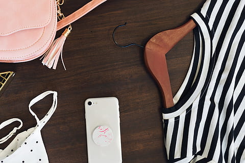 clothing accessories flatlay photo, Clothes, Accessories, Moda, wood - material, directly above, indoors, table, connection, wireless technology, no people, technology, communication, high angle view, pattern, art and craft, still life, mobile phone, equipment, creativity, portable information device, smart phone, household equipment, wood, wood grain, personal accessory, 4K, CC0, public domain, royalty free