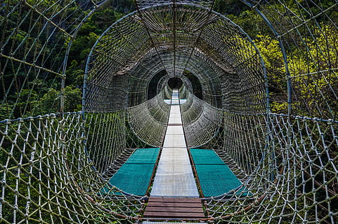 szary mostek sieciowy, architektura, droga naprzód, kierunek, zbudowana struktura, żadnych ludzi, drzewo, roślina, Natura, most, kładka, na dworze, dzień, metal, most linowy, cele podróży, malejąca perspektywa, połączenie, pusty, most - struktura stworzona przez człowieka, tunel, 5K, CC0, domena publiczna, darmowe zdjęcia
