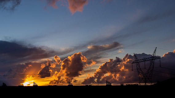 céu, nuvens, por do sol, nuvem - céu, silhueta, natureza, indústria, meio Ambiente, tecnologia, ninguém, fábrica, geração de combustível e energia, cor laranja, beleza na natureza, eletricidade, arquitetura, ao ar livre, pilão de eletricidade, poluição, exterior do edifício, crepúsculo, poluição do ar, fonte de energia, Distrito industrial, 4K, CC0, domínio público, royalty free
