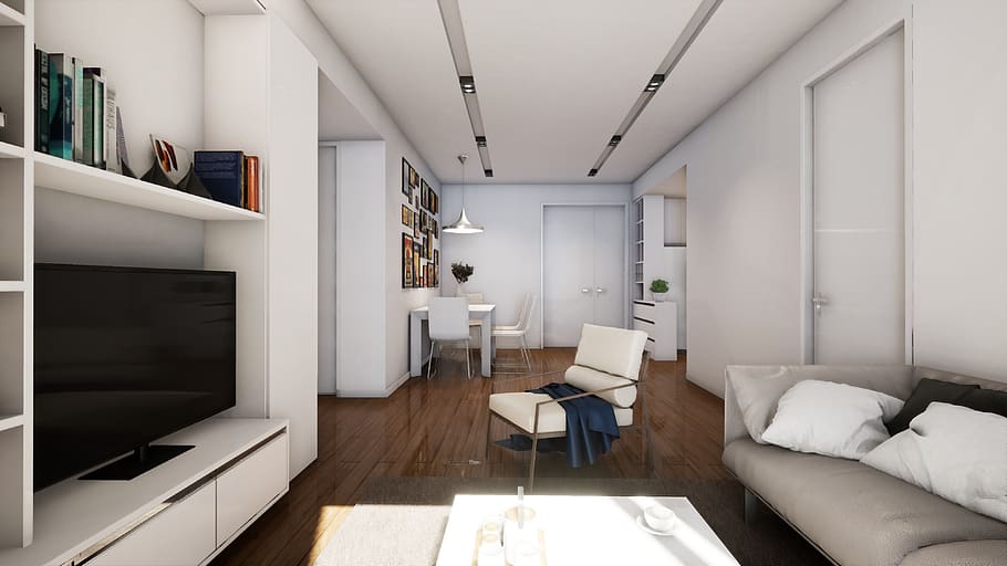 renderowanie, jadalnia, dekoracja, meble, wnętrze domu, pokój domowy, nowoczesny, Dom, prezentacja wnętrza domu, wewnątrz, bogactwo, salon, luksus, biały kolor, posadzka, architektura, życie domowe, sofa, styl życia, brak, żadnych ludzi, drewniana podłoga, stół, drewno, apartament, płaski ekran, 4K