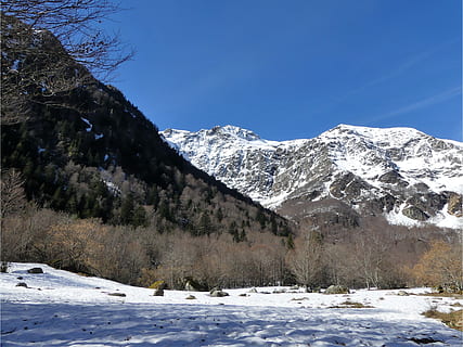 paisatge, muntanya, hivern, neu, naturalesa, cel, prada, temperatura de fred, bellesa a la natura, escenics - natura, muntanya nevada, tranquil·litat, medi ambient, planta, escena tranquil·la, Serra, escena no urbana, dia, arbre, cap gent, congelat, a l'aire lliure, pi, cim de muntanya, arbre de coníferes, 4K, CC0, domini públic, lliure de regalies