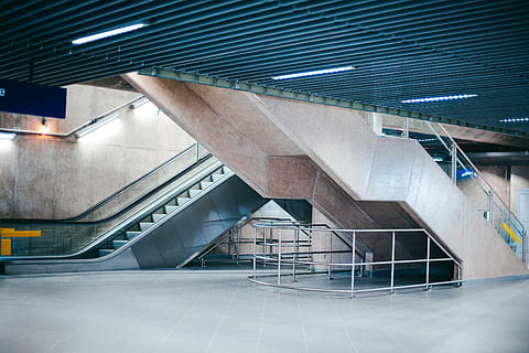 empty escalator, architecture, building, ceiling, empty, escalator, indoors, built structure, staircase, modern, steps and staircases, railing, transportation, no people, connection, city, travel, futuristic, day, glass - material, metal, parking garage, 2K, CC0, public domain, royalty free