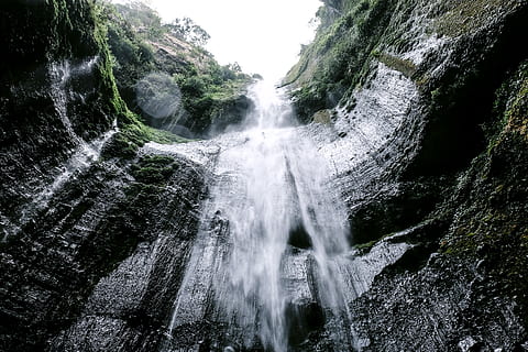 indonesia, east java, rainforest, tropical, tropic, jungle, island, waterfall, southeast asia, asia, nature, travel, lush, java island, forest, scenics - nature, motion, beauty in nature, water, rock, land, tree, long exposure, rock - object, no people, day, plant, blurred motion, solid, flowing water, rock formation, outdoors, flowing, power in nature, falling water, 4K, CC0, public domain, royalty free