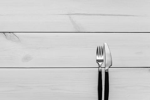 knife and fork, cutlery, fork, gray, knife, minimalistic, somplistic, kitchen utensil, eating utensil, wood - material, household equipment, table, no people, indoors, still life, table knife, silverware, close-up, directly above, metal, pattern, high angle view, spoon, empty, wood, silver colored, steel, alloy, setting, wood grain, 1080P, CC0, public domain, royalty free