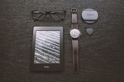 kindle, e-reader, technology, objects, watch, eyeglasses, accessories, fashion, directly above, table, communication, wireless technology, no people, indoors, still life, glasses, smart phone, connection, high angle view, screen, portable information device, wood - material, mobile phone, text, close-up, portability, personal accessory, 1080P, CC0, public domain, royalty free