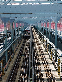 gray, train, daytime, rail transportation, transportation, track, public transportation, mode of transportation, railroad track, architecture, built structure, railroad station, railroad station platform, train - vehicle, travel, connection, high angle view, day, no people, metal, nature, outdoors, station, 4K, CC0, public domain, royalty free