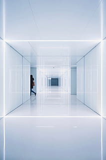 architecture, building, structure, establishment, symmetry, white, people, hallway, one person, business person, indoors, business, office, men, businessman, adult, modern, corridor, walking, glass - material, built structure, full length, arcade, real people, well-dressed, 5K