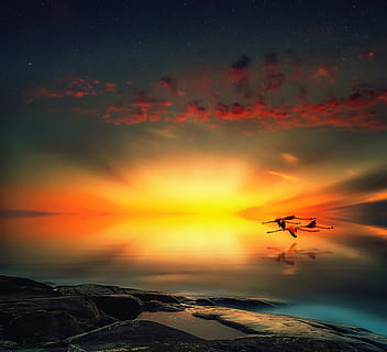 mar, posta de sol, reflexió, tranquil·litat, paisatge, cel, vehicle aeri, color taronja, transport, manera de transport, naturalesa, escenics - natura, bellesa a la natura, volant, avió, aigua, a l'aire, helicòpter, núvol - cel, terra, a l'aire lliure, moviment, cap gent, 2K, CC0, domini públic, lliure de regalies