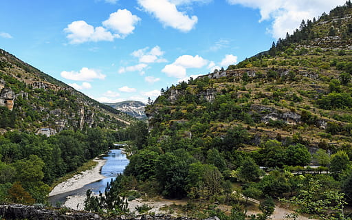 paesaggio, roche, fiume, albero, gola, corsi d'acqua, le gole del Tarn, Francia, acqua, montagna, pianta, scenics - natura, cielo, bellezza nella natura, nuvola - cielo, scena tranquilla, natura, la tranquillità, giorno, scena non urbana, nessuno, crescita, ambiente, colore verde, idilliaco, all'aperto, fluente, acqua corrente, 5K, CC0, dominio pubblico, privo di copyright