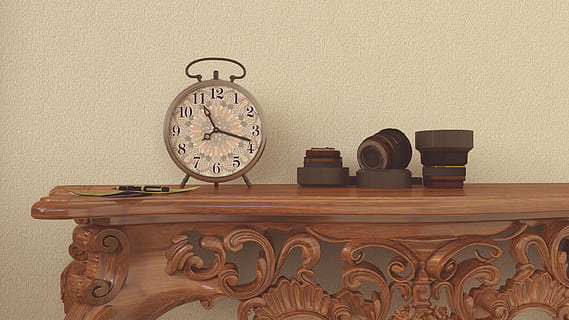 clock, sitting, mantle., time, lenses, mantle, object, room, shelf, table, vintage, watch, wooden, indoors, wall - building feature, no people, wood - material, alarm clock, instrument of time, clock face, wall clock, retro styled, still life, pattern, home interior, accuracy, close-up, copy space, antique, floral pattern, minute hand, ornate, 2K
