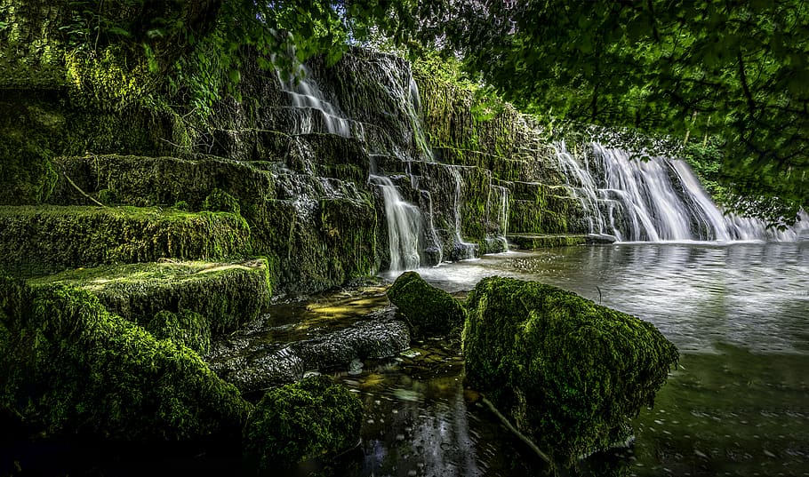 escènic, foto, cascades, cascada, medi ambient, cau, paisatge, molsa, naturalesa, formació de roca, roques, corrent, arbre, aigua, planta, escenics - natura, bellesa a la natura, bosc, terra, creixement, moviment, aigua que flueix, exposició llarga, color verd, cap gent, escena no urbana, escena tranquil·la, dia, selva tropical, a l'aire lliure, que flueix, poder a la natura, caient aigua, 2K