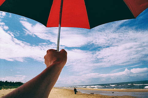 umbrella, hand, beach, alone, back, beautiful, blue, cloud, clouds, coastline, enjoy, happy, height, hipster, holding, leisure, length, life, lifestyle, little, play, pretty, relax, relaxation, resort, rest, sand, sea, shore, sky, summer, summertime, sun, sunbathing, toddler, water, weather, young, cloud - sky, human body part, one person, human hand, nature, land, body part, protection, personal perspective, day, outdoors, finger, human limb, 2K, CC0, public domain, royalty free