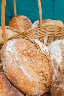 baked bread, bread, food and drink, food, freshness, basket, loaf of bread, still life, close-up, indoors, no people, wellbeing, container, baked, brown, high angle view, healthy eating, store, wicker, table, wood - material, brown bread, 5K, CC0, public domain, royalty free