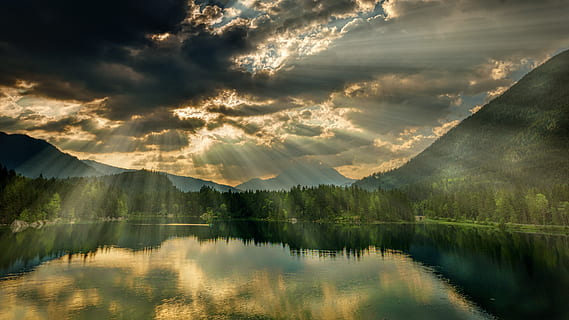trees, body, water, dark, clouds, calm, landscape, mountain, nature, scenic, sunrays, tranquil, beauty in nature, scenics - nature, tranquility, sky, tranquil scene, reflection, lake, cloud - sky, idyllic, no people, tree, non-urban scene, waterfront, plant, day, outdoors, reflection lake, 4K, CC0, public domain, royalty free