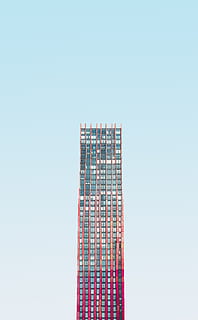 grattacielo, costruzione, blu, cieli, giorno, cielo, pendenza, rosso, architettura, minimo, appartamento, finestra, riflessione, bicchiere, città, urbano, design moderno, sfondo, grafico, attività commerciale, moderno, creativo, alto - alto, struttura costruita, edificio per uffici, scena urbana, esterno dell'edificio, Torre, industria di costruzioni, modello, facciata, all'aperto, sfondi, paesaggio urbano, distretto del centro, illustrazione, 5K, CC0, dominio pubblico, privo di copyright