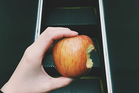 apple, fruit, hand, food and drink, human hand, food, human body part, healthy eating, holding, one person, wellbeing, freshness, indoors, close-up, healthy lifestyle, pumpkin, apple - fruit, day, focus on foreground, organic, finger, dieting, black background, ripe, 2K