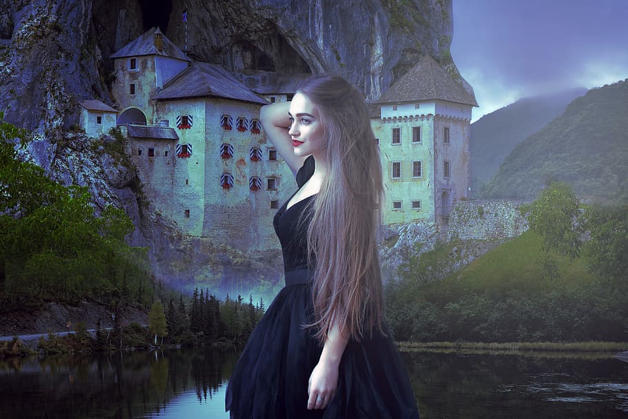 fantazie, gotický, temný, středověký, ženský, žena, dívka, mladý, krása, Modelka, hrad, skály, řeka, hory, nebe, dramatická obloha, Příroda, tajemný, sen, skládání, obal knihy, jedna osoba, Mladá žena, vlasy, dlouhé vlasy, mladého dospělého, skutečných lidí, stojící, účes, ženy, voda, volnočasové aktivity, životního stylu, strom, krásná žena, dospělý, architektura, móda, venku, 4K