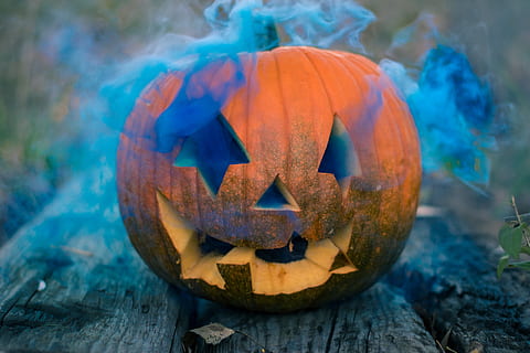 taronja, Jack, o ', llanterna, esfera, carbassa, Estats Units, topeka, Halloween, planta, menjar, vegetals, rèptil, animal, la vida marina, tortuga, talla, fer, bokeh, fum, blau, foto, produir, celebració, fantasmal, carbassa de Halloween, menjar i beguda, cap gent, creativitat, primer pla, art i artesania, antropomòrfic, cara antropomòrfica, artesania, cara, centrar-se en primer pla, por, material de fusta, diversió, dolent, 4K, CC0, domini públic, lliure de regalies