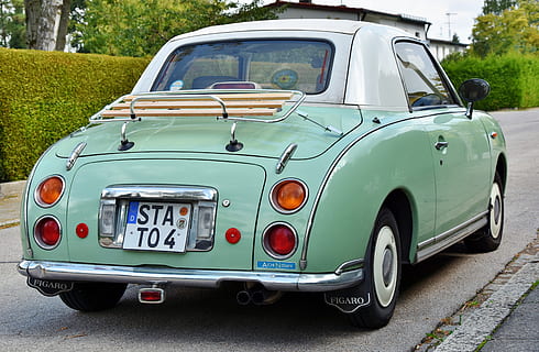 Nissan, figaro, automàtic, oldtimer, youngtimer, cotxe, cotxe petit, Japó, japonès, convertible, conducció de la mà dreta, manera de transport, transport, vehicle terrestre, automòbil, estil retro, dia, cotxe d'època, estacionari, cap gent, ciutat, carrer, carretera, faro, aparcament, a l'aire lliure, viatjar, nombre, naturalesa, 5K, CC0, domini públic, lliure de regalies