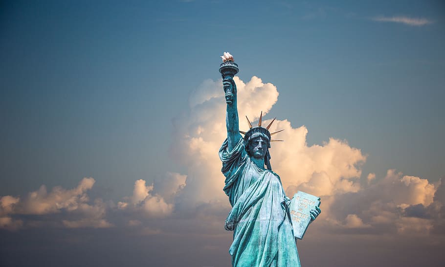 architecture, art, clouds, landmark, monument, new york, sculpture, statue, Statue of Liberty, tourist attraction, united states of america, sky, cloud - sky, female likeness, freedom, travel destinations, nature, human representation, the past, blue, history, representation, travel, low angle view, day, art and craft, tourism, outdoors, human arm, arms raised, independence, 5K
