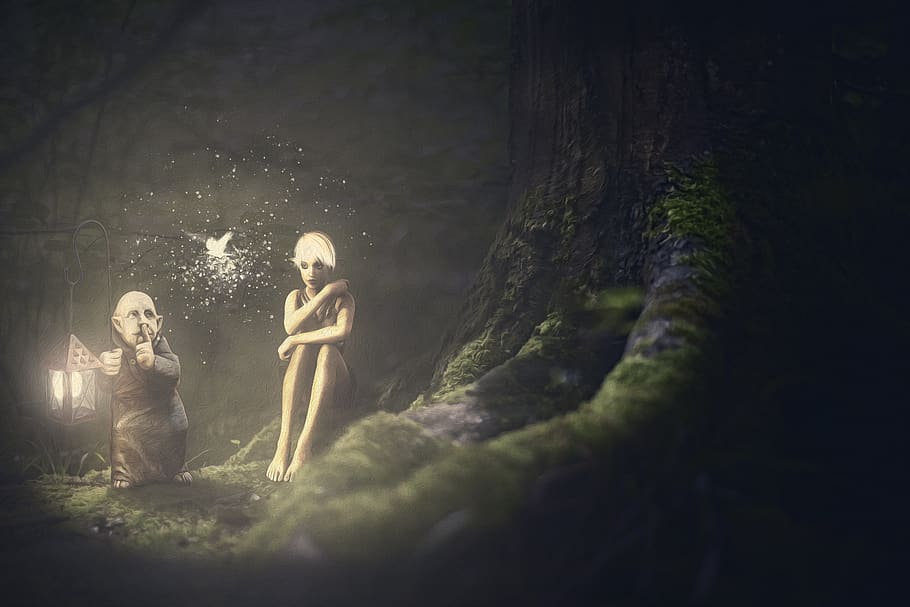 composició, elfs, bosc, llanterna, Conte de fades, fantasia, quota, seure, humor, criatures mítiques, arbre, naturalesa, dues persones, planta, homes, gent, terra, de peu, adult, infància, unió, longitud completa, enfocament selectiu, emoció, a l'aire lliure, dia, mascles, persones reals, dones, 5K